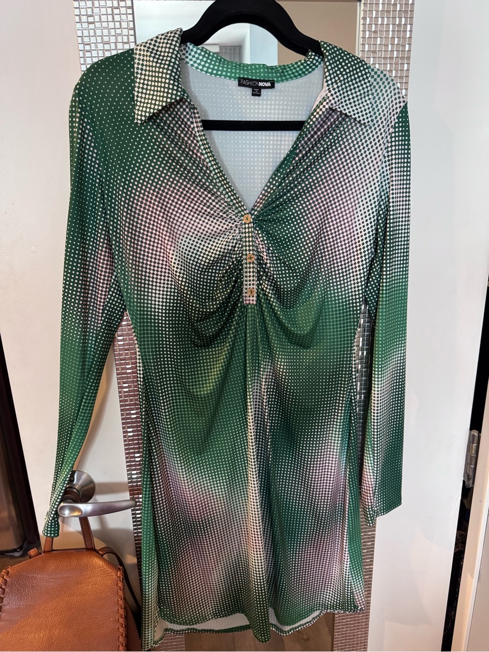Fashion Nova Green and Pink Polka Dot Ruched Shirt Dress